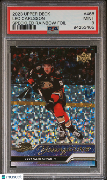 2023-24 Upper Deck Leo Carlsson #468 Speckled Rainbow Foil Young Guns Rookie PSA 9