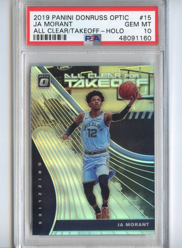 RC PSA 10 2019 DONRUSS OPTIC JA MORANT #15 ALL CLEAR FOR TAKEOFF HOLO ROOKIE GEM