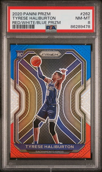 2020 PANINI TYRESE HALIBURTON PRIZM RED/WHITE/BLUE PRIZM #262 PSA 8