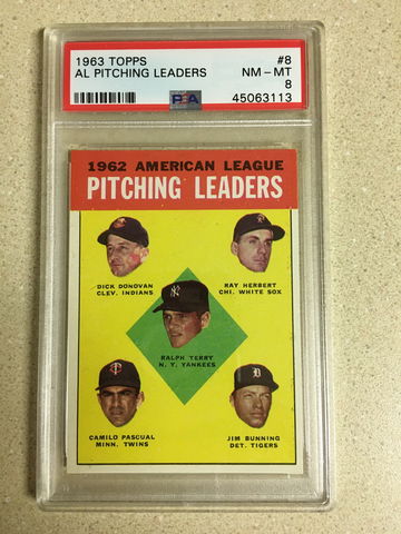 1963 Topps #8 AL Pitching Leaders PSA 8 NM-MT JIM BUNNING HOF