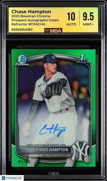 2025 Bowman Chrome Prospect Autographs Chase Hampton #CPACHA Green Refractor /99 MBA 9.5