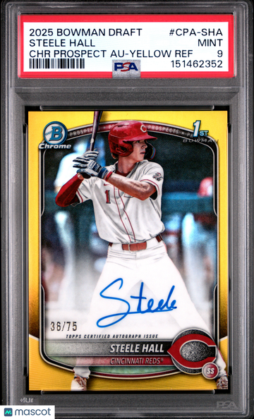 2025 Bowman Draft Chrome Prospect Autographs Steele Hall #CPA-SHA Yellow Ref /75 PSA 9