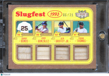 2025 Leaf Lumber Slugfest Juan Gonzalez Ken Griffey Jr. Barry Bonds Frank Thomas #S-3 /35 Game-Used Bat Relic