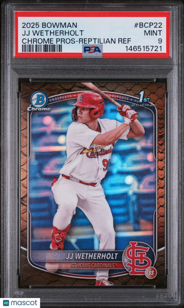 2025 Bowman Chrome Prospects JJ Wetherholt #BCP22 Reptilian Ref PSA 9