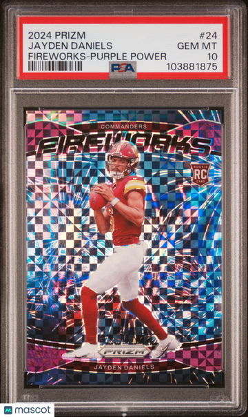 2024 Panini Prizm Fireworks Jayden Daniels Purple Power 38/49 #24 PSA 10 Washington Commanders