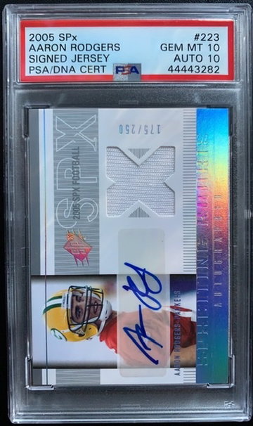 AARON RODGERS 2005 SPx #223 Rookie GAME WORN JERSEY AUTO 175/250 PSA 10/10