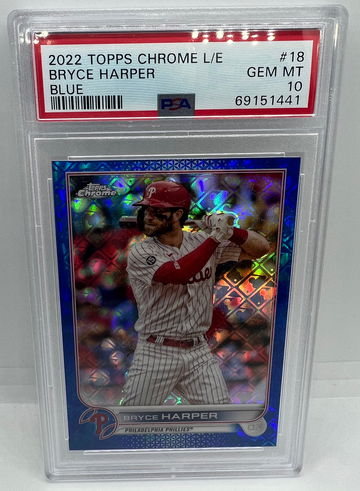 2022 topps chrome Logofractor blue Bryce Harper PSA 10