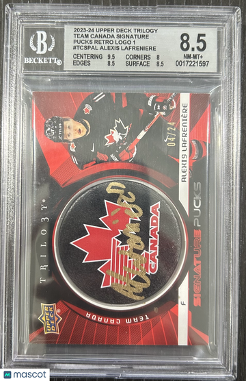 2023 Upper Deck Trilogy Team Canada Signature Pucks Retro Logo 1 Alexis Lafreniere #TCSPAL BGS 8.5