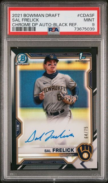 SAL FRELICK AUTO 2021 Bowman Chrome Draft BLACK REFRACTOR 64/75 RC PSA 9