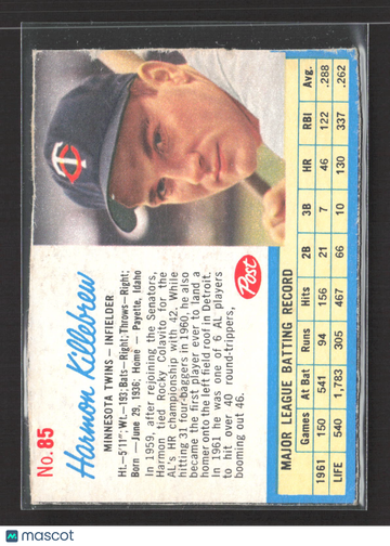 1962 Post Cereal Harmon Killebrew #85