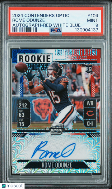 2024 Panini Contenders Optic Rome Odunze #104 Autograph Red White Blue PSA 9