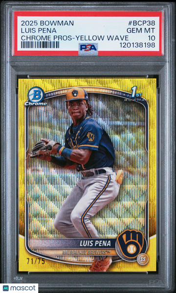 2025 Bowman Luis Pena #BCP-38 Yellow Wave /75 1st Bowman Chrome PSA 10