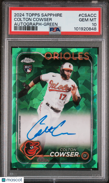 2024 Topps Chrome Sapphire Chrome Sapphire Autographs Colton Cowser #CSACC Green /99 PSA 10