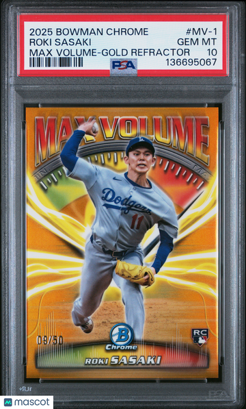 2025 Bowman Chrome Max Volume Roki Sasaki #MV-1 Gold Refractor /50 PSA 10