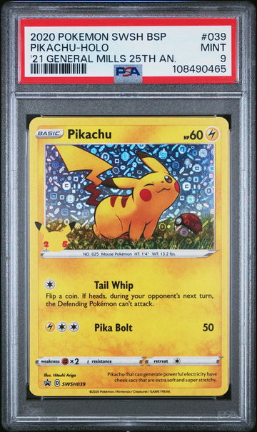 2020 Pokemon Sword and Shield Black Star Promo '21 General Mills 25th Anniversary Holo Pikachu #039 PSA 9