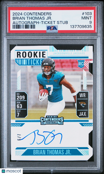 2024 Panini Contenders Brian Thomas JR. #103 Autograph Ticket Stub /7 PSA 9