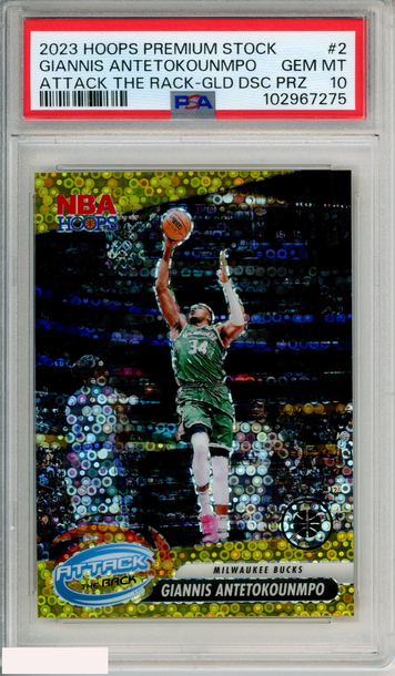 2023 PANINI HOOPS PRE STK ATTACK THE RACK G ANTETOKOUNMPO #2 GLD DSC PRZ PSA 10