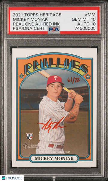 2021 Topps Heritage Mickey Moniak #MM Red Ink /72 Rookie PSA 10 Topps Auto 10