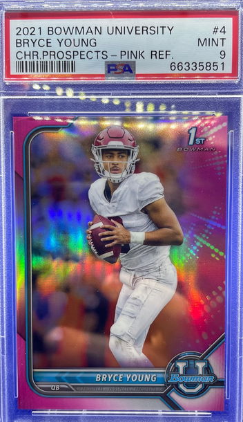 Bryce Young 2021 Bowman University CHROME 1st RC PINK REFRACTOR PSA 9 Mint Alabama