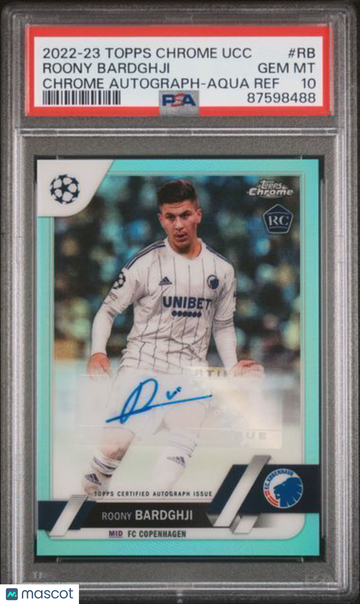 2022-23 Topps Chrome UEFA Club Competitions Chrome Autographs Roony Bardghji #RB Aqua Ref PSA 10