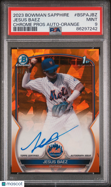 2023 Bowman Sapphire Edition Chrome Prospects Autographs Jesus Baez #BSPAJBZ Orange /25 PSA 9