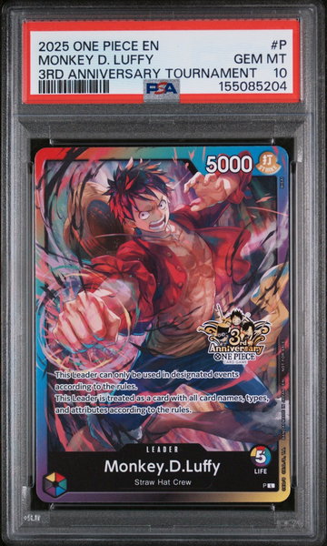 2025 One Piece Tournament Promo 3rd Anniversary 3 Brothers Pack Leader Monkey D. Luffy #P PSA 10