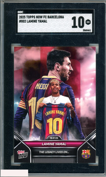 2025 TOPPS NOW FC BARCELONA LAMINE YAMAL #002 LIONEL MESSI LEGACY SGC 10 GEM