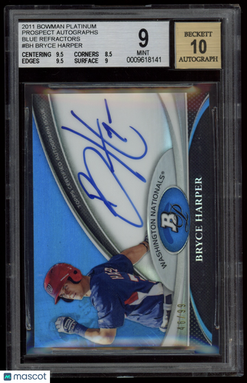 Bryce Harper 2011 Bowman Platinum #BH Blue Refractor 46/99 BGS 9 Auto 10