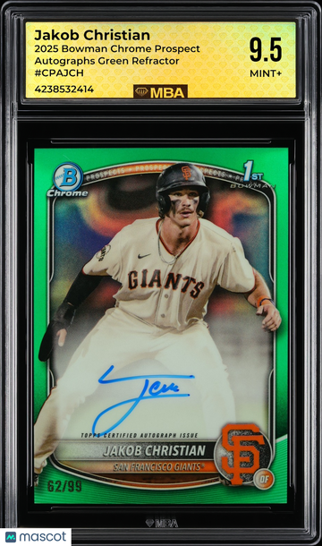 2025 Bowman Chrome Prospect Autographs Jakob Christian #CPAJCH Green Refractor /99 MBA 9.5