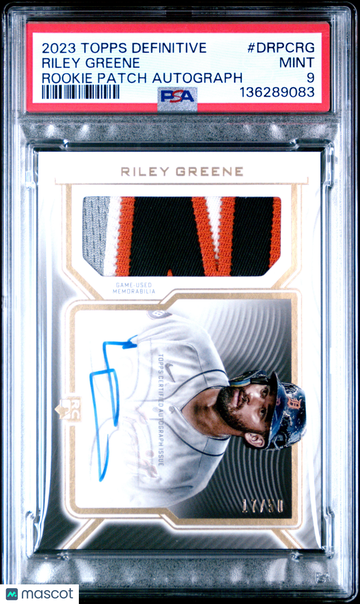 2023 Topps Definitive Collection Definitive Rookie Patch Autographs Riley Greene #DRPCRG Patch /50 PSA 9 Topps