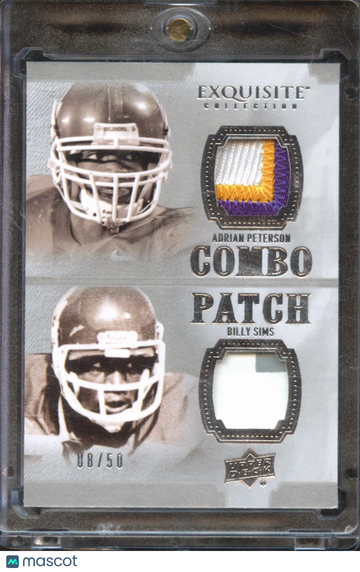 2010 Upper Deck Exquisite Collection Adrian Peterson Billy Sims #E2P-AB /50 Event-Used Memorabilia Combo Patch Game-Used