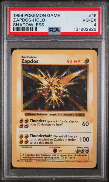 1999 Pokemon Base Set Shadowless Holo Zapdos #16 PSA 4