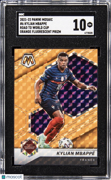 2022 2021 Panini Mosaic Kylian Mbappé #6 Orange Fluorescent Parallel/Variety SGC 10