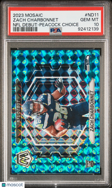 2023 Panini Mosaic Zach Charbonnet #ND11 NFL Debut Peacock Choice Short Print Parallel/Variety Rookie PSA 10