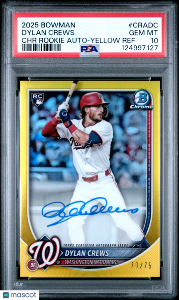 2025 Bowman Chrome Rookie Autographs Dylan Crews #CRADC Yellow Ref /75 PSA 10