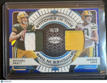 16/20 2024 Panini Certified Stitches in Time Michael Pratt Jordan Love #SITD-MPT-JLE Blue Dual Patch