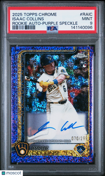 2025 Topps Chrome Rookie Autographs Isaac Collins #RAIC Purple Speckle /299 Rookie PSA 9