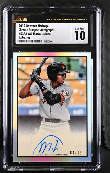 2019 Bowman Heritage Chrome Prospect Auto 64/99 Marco Luciano Refractor CSG 10 Gem Mint