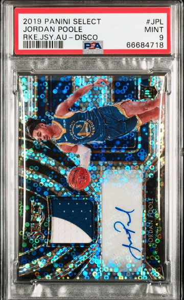 2019-20 Panini Select Jordan Poole Rookie Patch Auto Disco Prizm /25 PSA 9 Mint