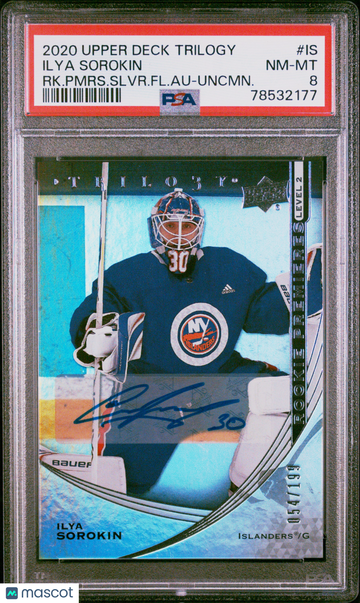 2020 Upper Deck Trilogy Rookie Premieres Silver Foil Autographs Ilya Sorokin #IS RK. Pmrs. Slvr. FL. Au Uncmn. /199 PSA