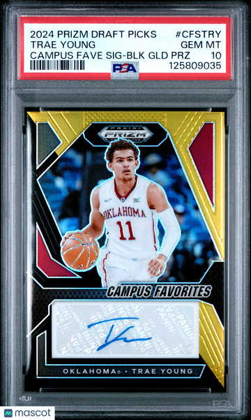 2024 Panini Prizm Draft Picks Campus Favorites Signatures Trae Young #CFSTRY Fave BLK GLD PRZ PSA 10