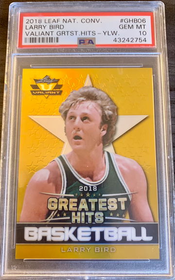 2018 LARRY BIRD 6/10. Graded - PSA 10 Gem Mint. LEAF Valiant National Convention Greatest Hits - Yellow Gold #GHB-06