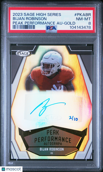 2023 Sage High Series Peak Performance Autographs Bijan Robinson #PKABR Gold /10 PSA 8