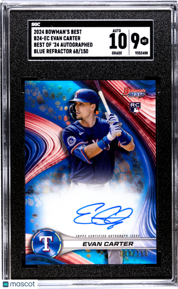 2024 Bowman's Best Evan Carter #B24-EC Of '24 Autograph Blue Refractor SGC 9 Auto 10
