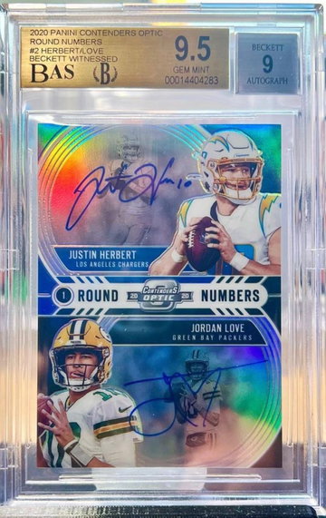 2020 Contenders Optic JUSTIN HERBERT / JORDAN LOVE Round Numbers Dual Rookie RC On-Card Auto - BGS 9.5 GEM MINT