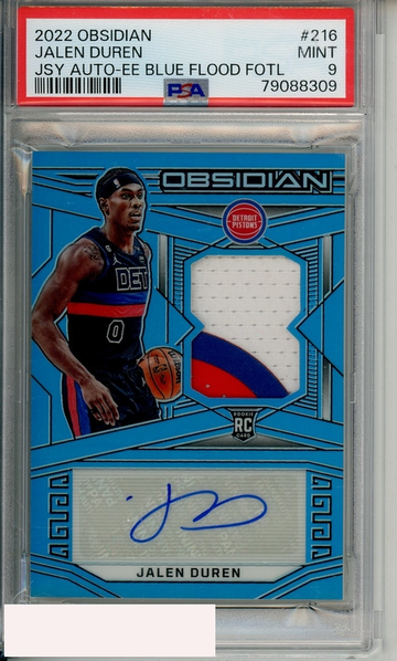 2022 PANINI OBSIDIAN JALEN DUREN #216 JSY AUTO-EE BLUE FLOOD FOTL PSA 9 RC