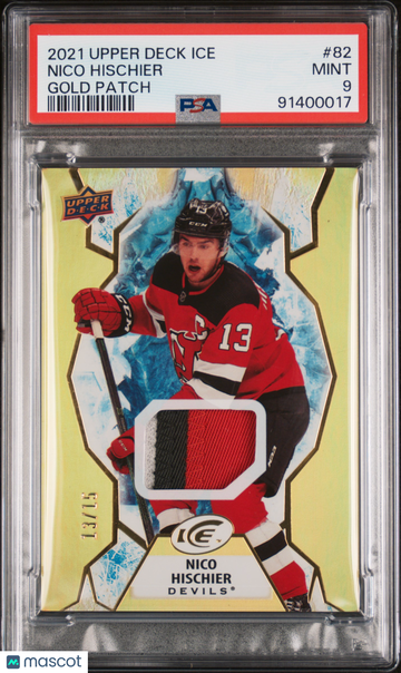 2021-22 Upper Deck Ice Nico Hischier #82 Gold Patch /15 Parallel/Variety PSA 9