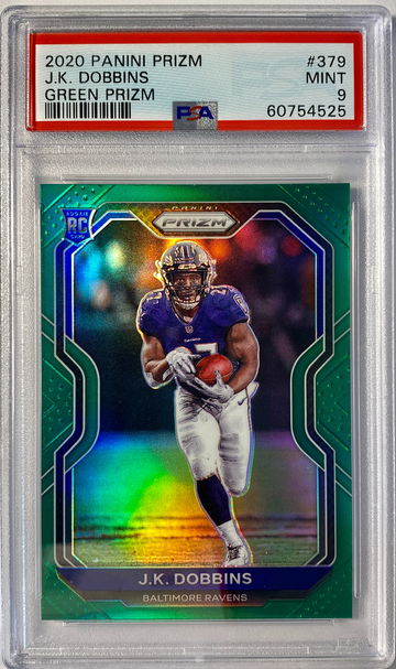 JK Dobbins RC 2020 Panini Prizm Green Prizm Baltimore Ravens Rookie #379 PSA 9
