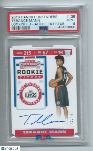 2019 Panini Contenders Terance Mann #135 Look Shld Auto TKT. Stub PSA 9