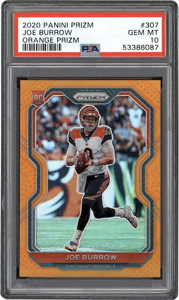 2020 Panini Prizm Football Orange Prizm #307 Joe Burrow Rookie Card #186/249 PSA GEM MINT 10